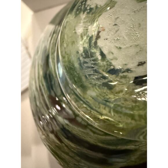 Signed Art Glass Bud Vase Cobalt Blue Greens Art Glass Vase 5x4 Inches - Picture 6 of 6